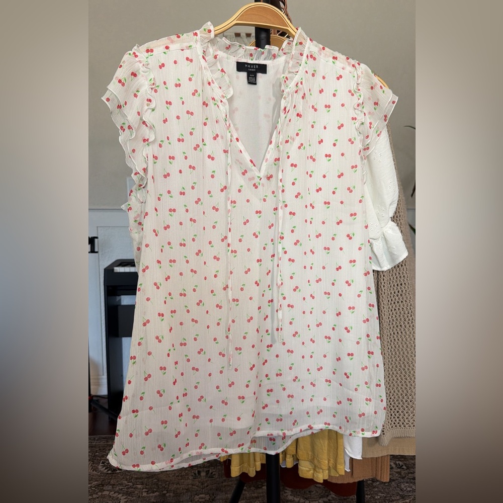 Haver Cherry Print Ruffle Sleeve Womens Blouse Size Medium